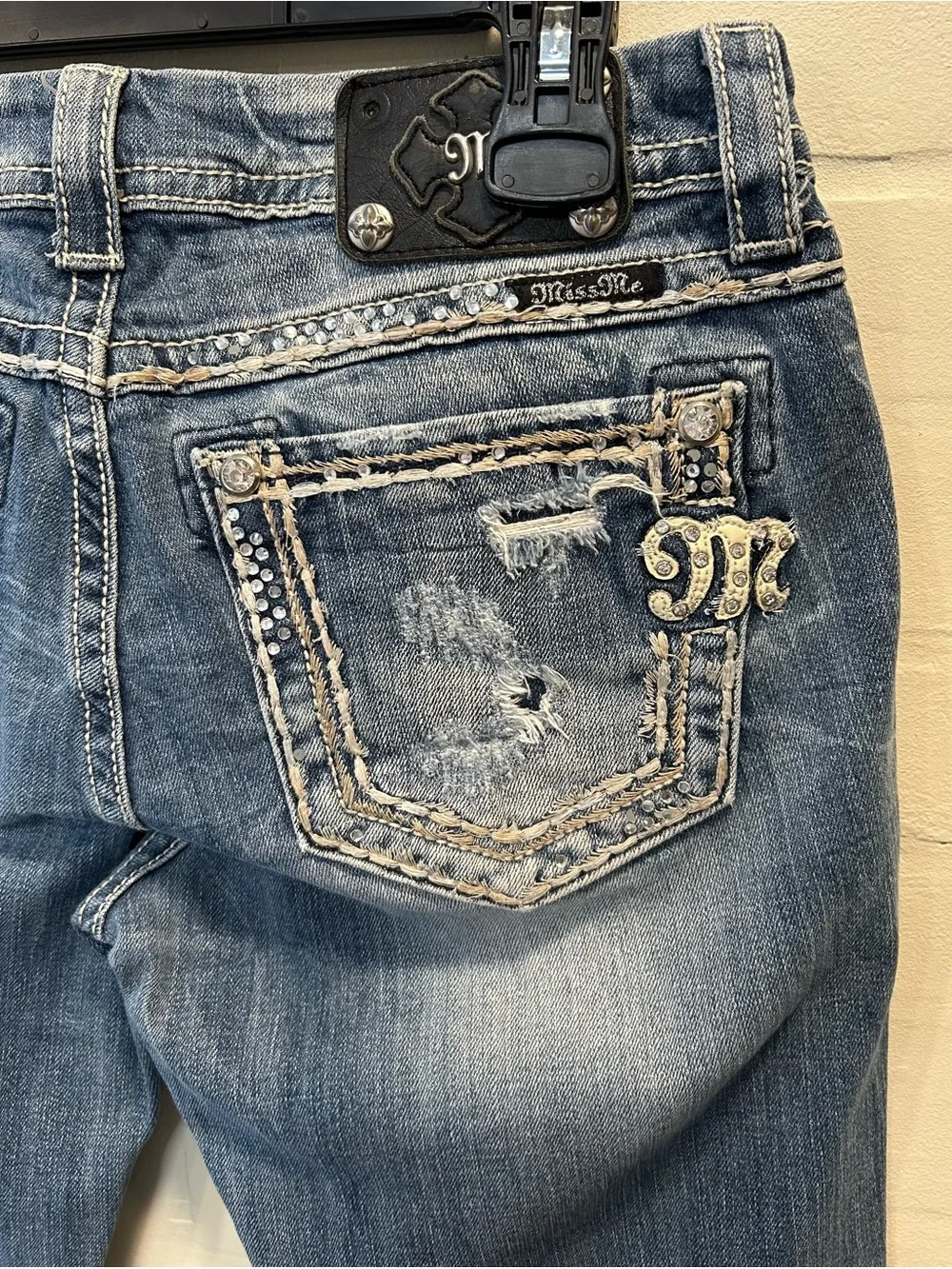 Miss Me Easy Boot Jeans Rhinestone Distressed Embellished Y2K Western Size 29x28